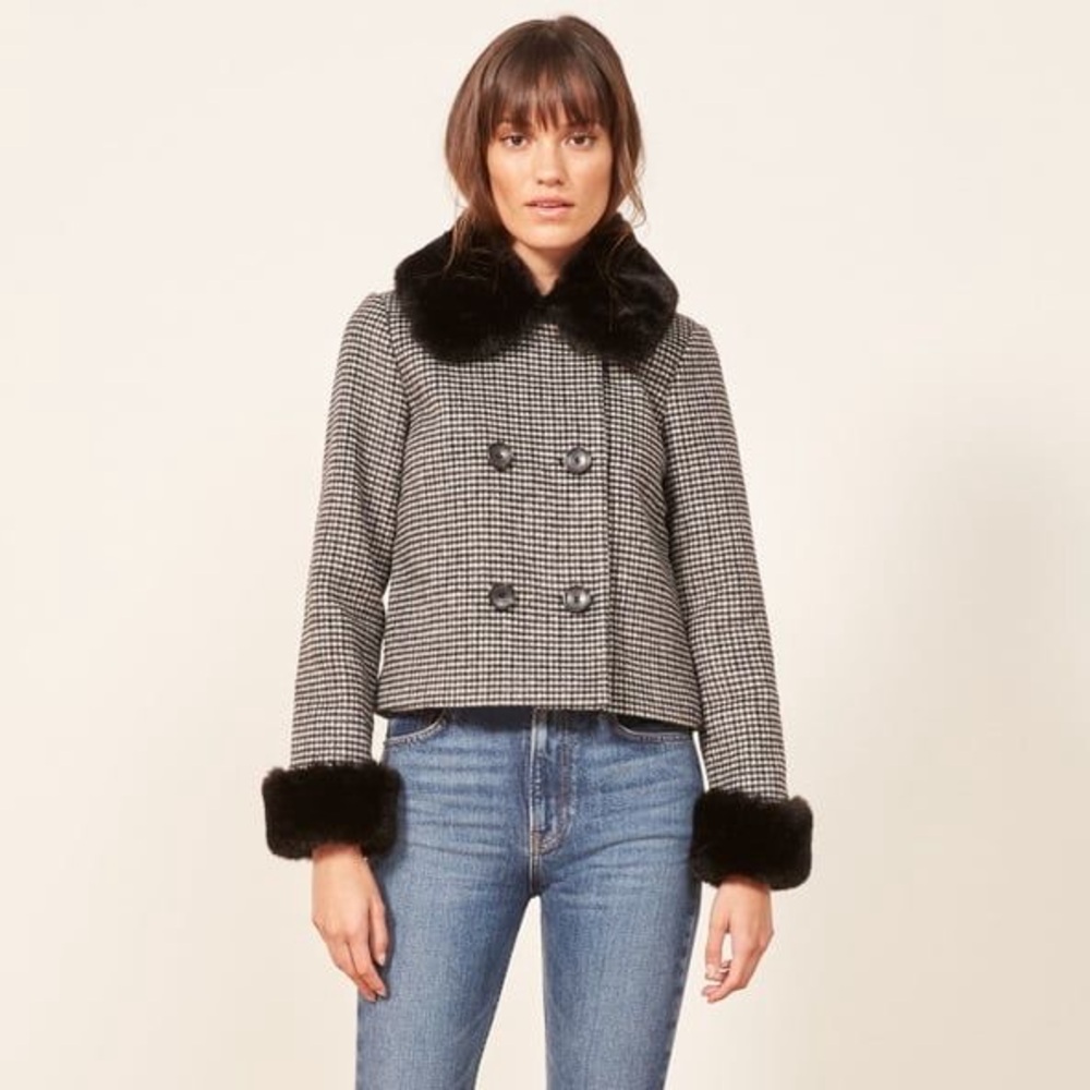 Reformation Black and White Houndstooth Jacket with Faux Fur Trim